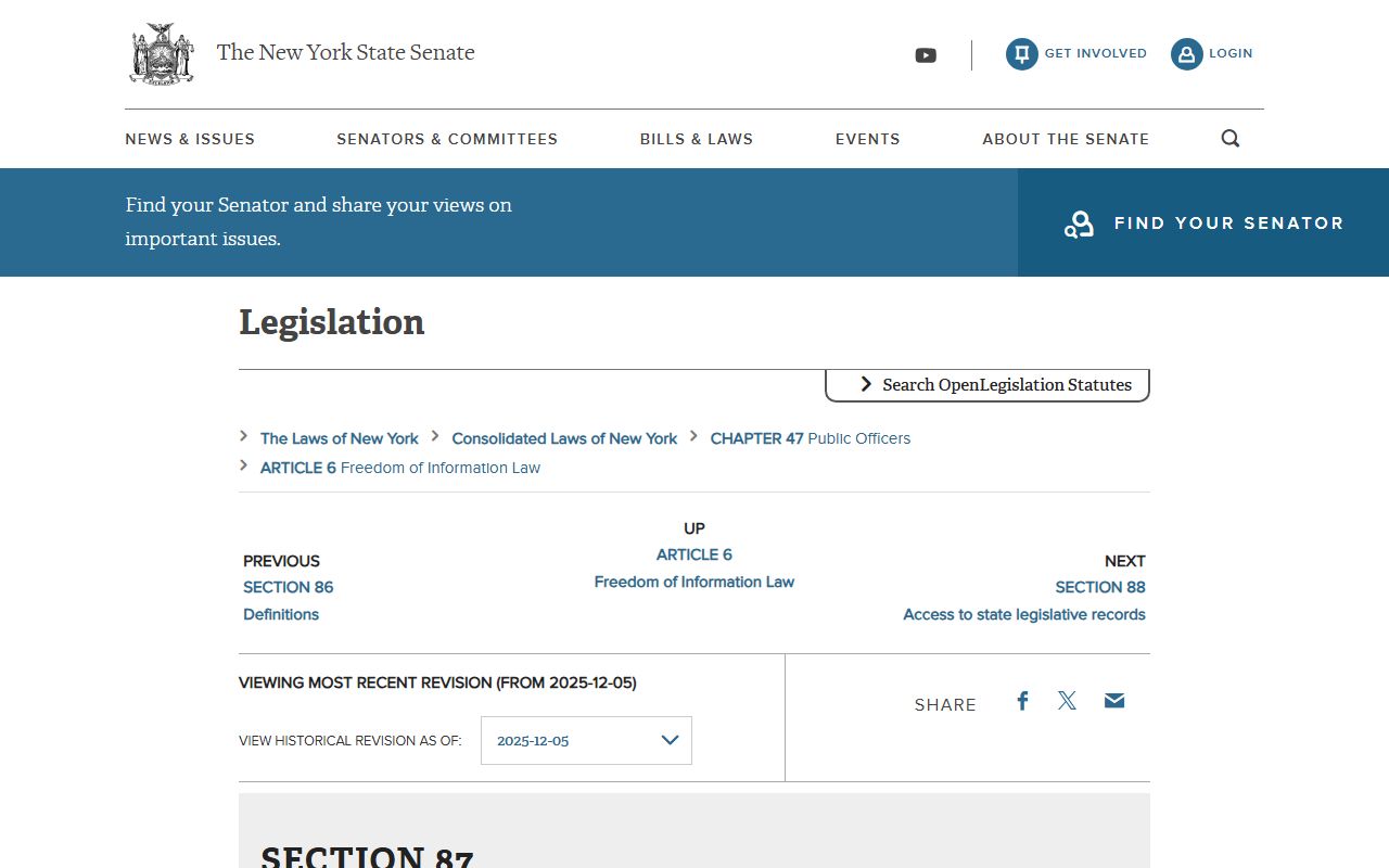 New York Public Officers Law section 87 FOIL access page for Orange County public records