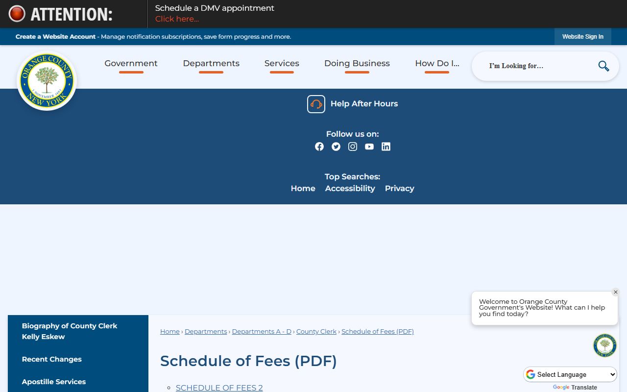 Orange County Clerk fee schedule page for records and copies