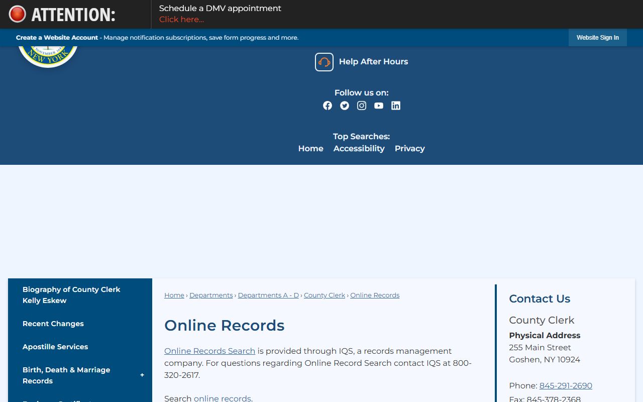 Orange County Clerk online records page with IQS access and fees