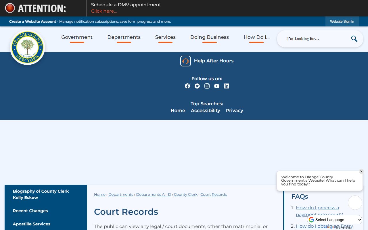 Orange County Clerk court records page with copy and access rules