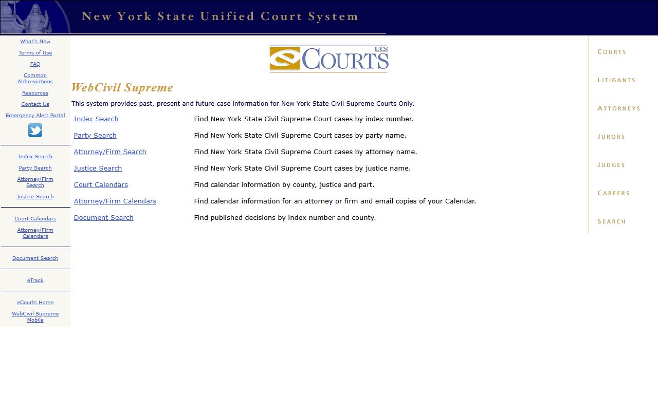 WebCivil Supreme search page for Orange County court records