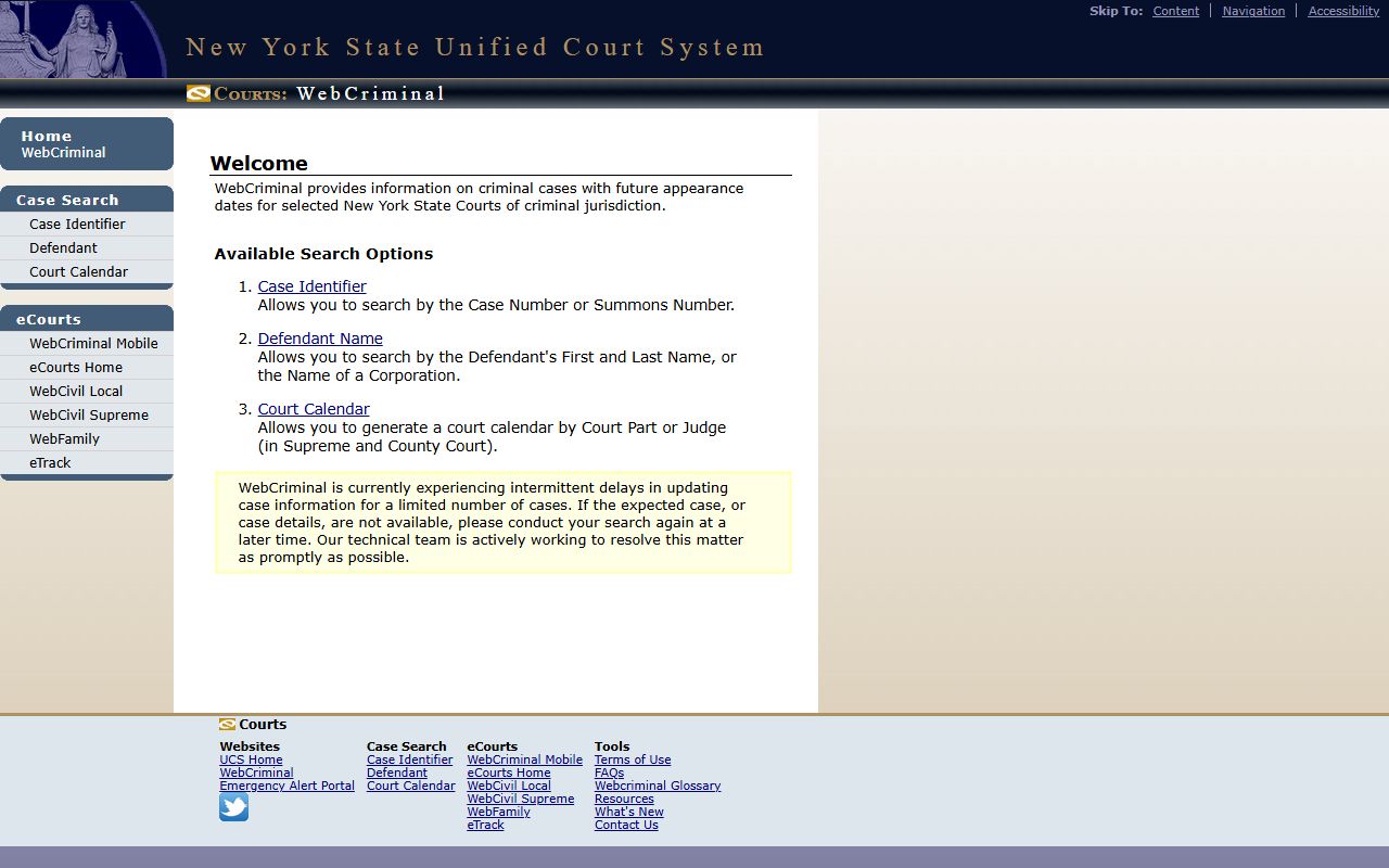 WebCriminal search page for Orange County criminal court records