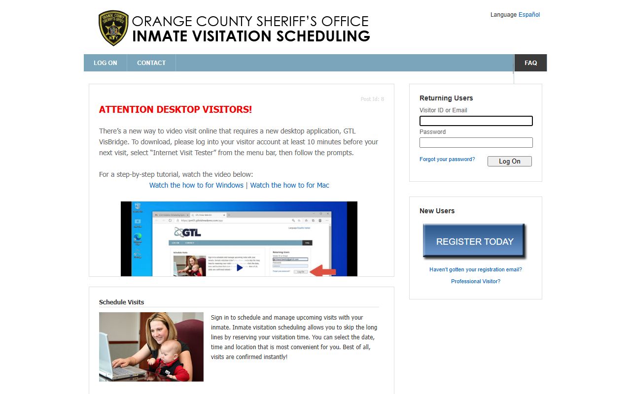 Orange County jail visit portal for inmate visitation